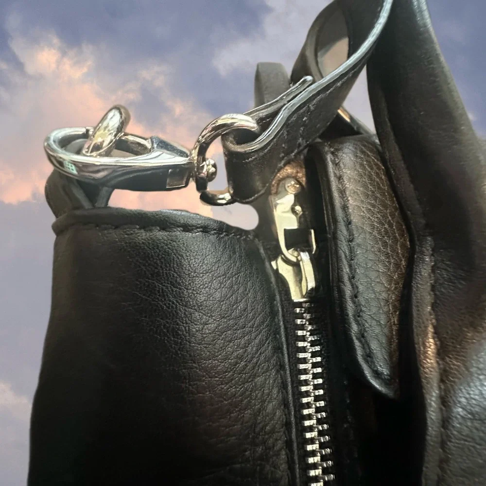Audrey Brooke Black‎ Pebbled Leather Suede Satchel Crossbody Bag Silver Hardware